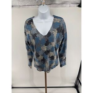 Tweeds Leaf Print V-Neck Sweater Wool Angora Rabbit Hair Size Medium